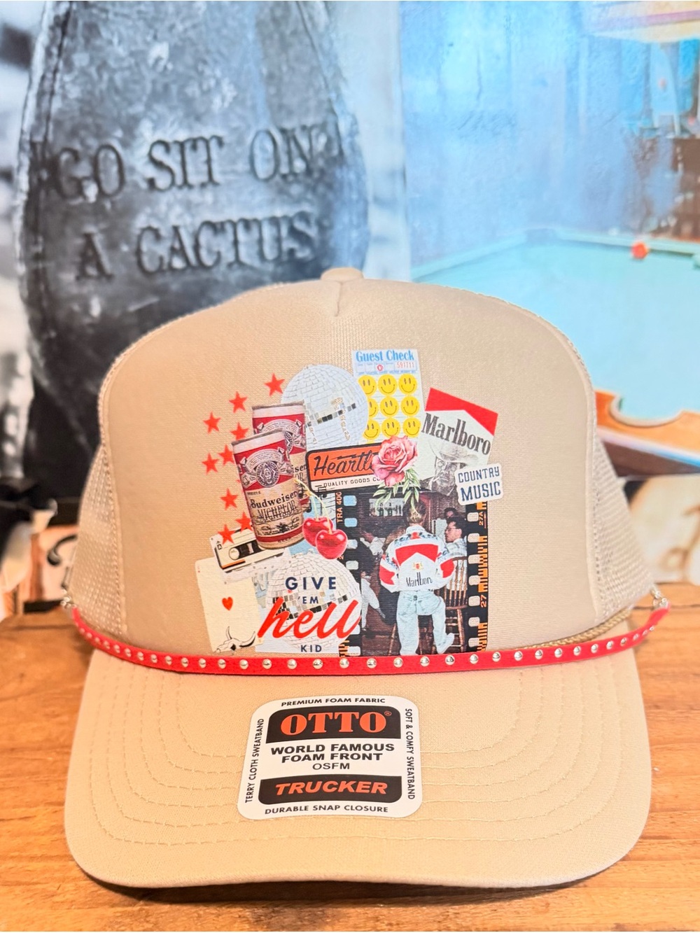 OTTO Tan Trucker Hat with Red Stud Trim and Collage Print